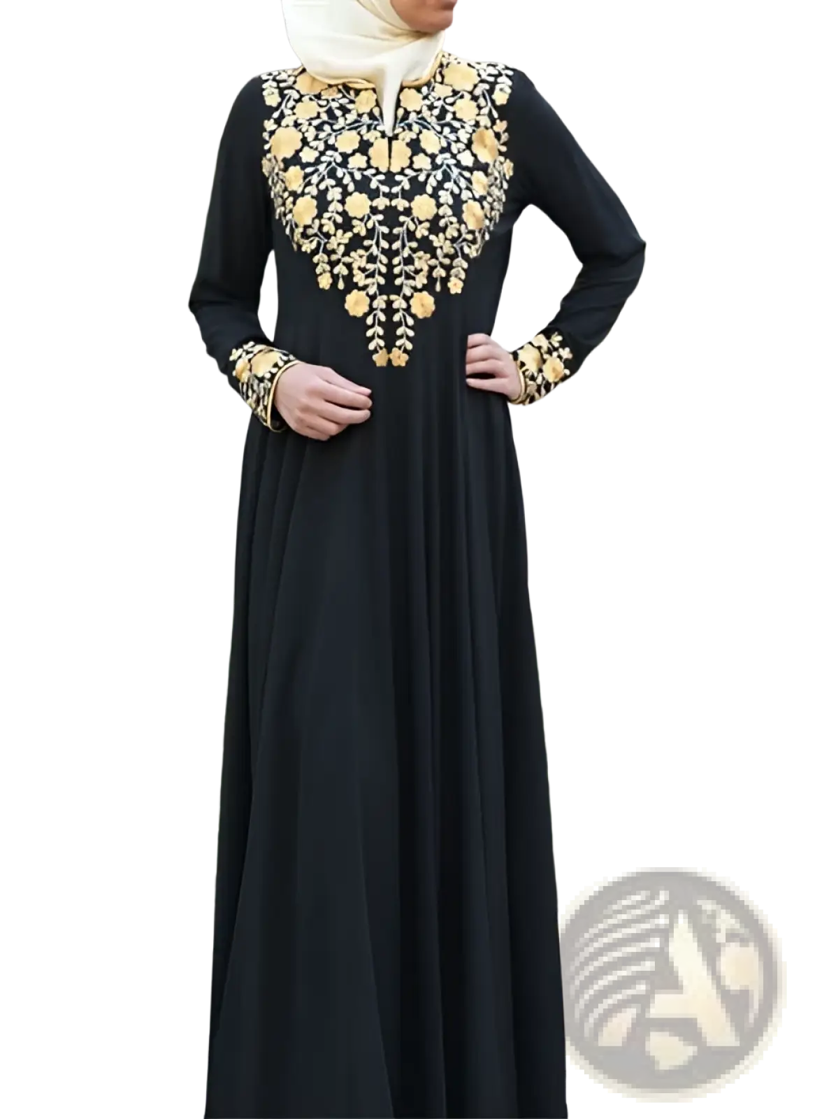 Black cotton abaya dress with intricate gold floral embroidery on neckline and cuffs, inspired by gold embroidered beige design