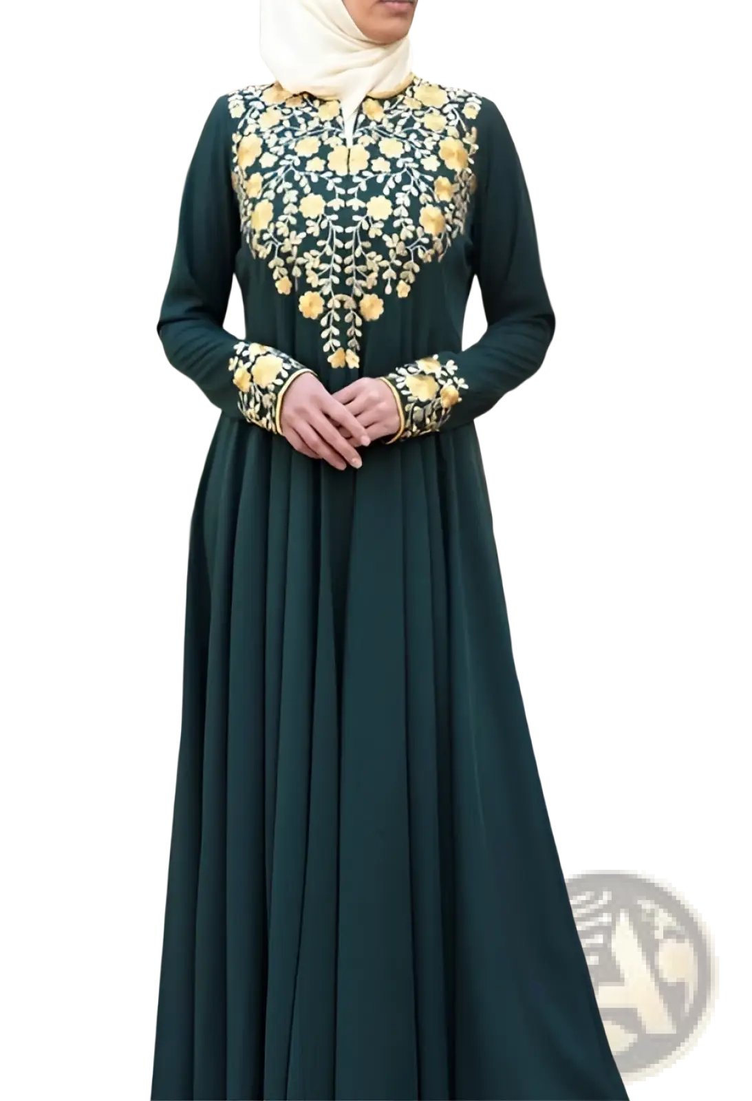 Dark green cotton abaya dress with intricate gold floral embroidery on bodice and cuffs for elegant occasions