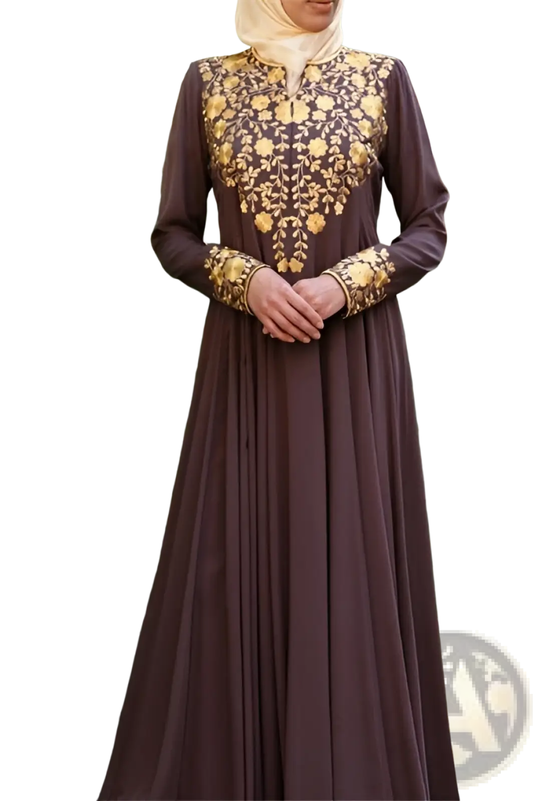 Gold embroidered beige cotton abaya dress featuring a long-sleeved floor-length brown dress with intricate gold floral embroidery on the bodice and cuffs