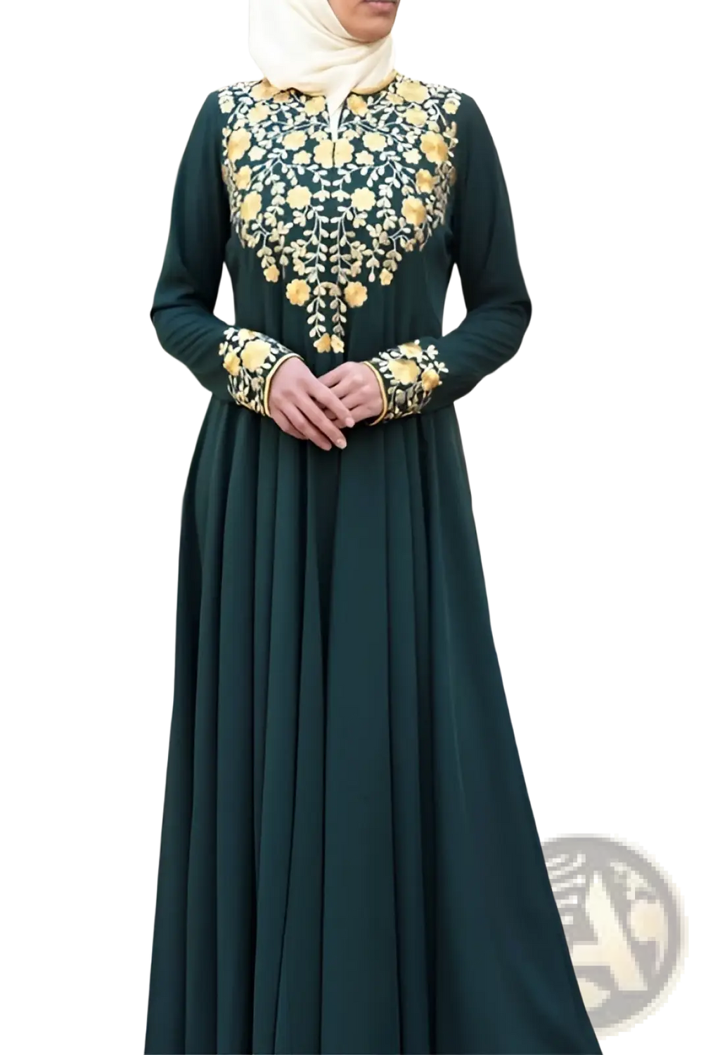 Dark green cotton abaya dress with intricate gold floral embroidery on bodice and cuffs for elegant wear