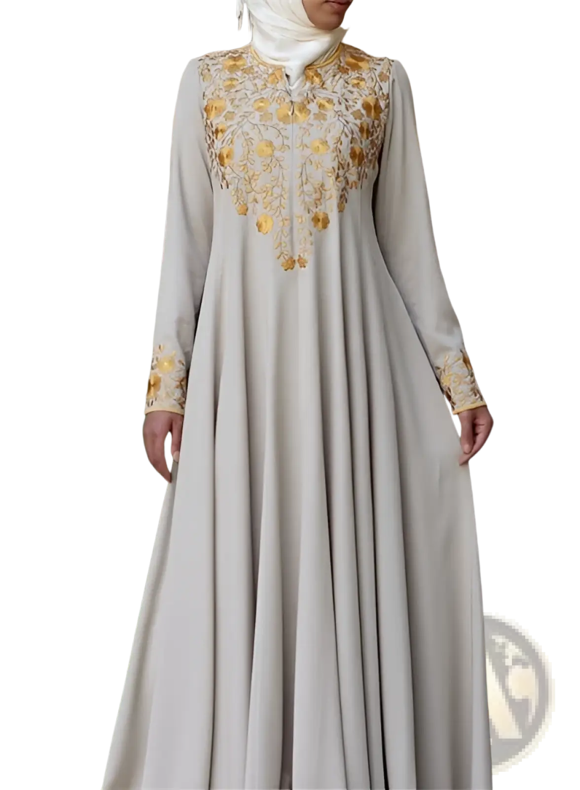 A flowing beige cotton abaya dress with intricate gold floral embroidery along the neckline and cuffs