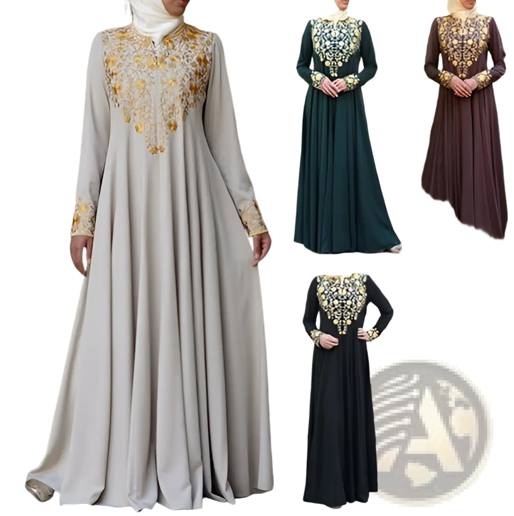 Beige cotton abaya dress with long sleeves featuring intricate gold embroidery on neckline and cuffs