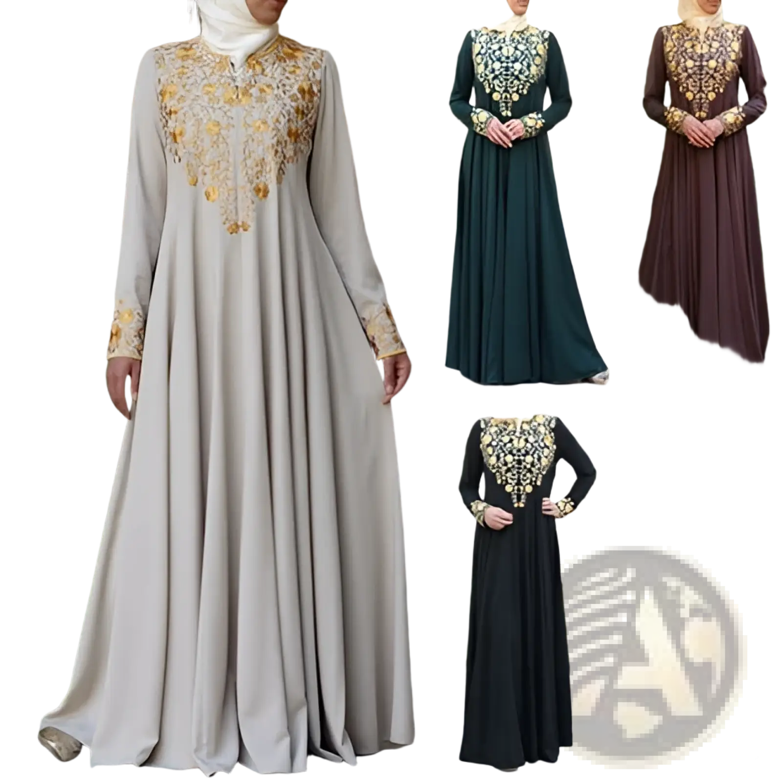 Beige cotton abaya dress with long sleeves featuring intricate gold embroidery on neckline and cuffs