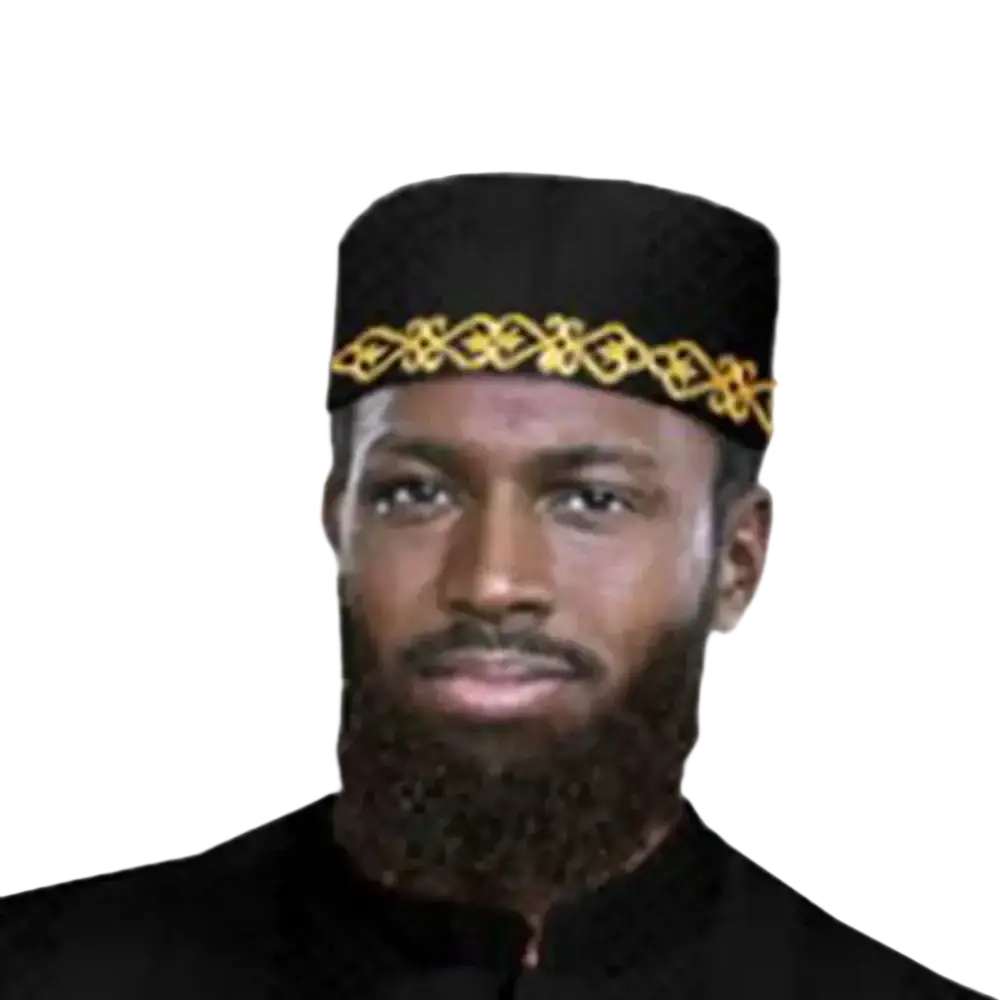 Black velvet muslim prayer hat with intricate gold embroidery around the band for muslim prayer use