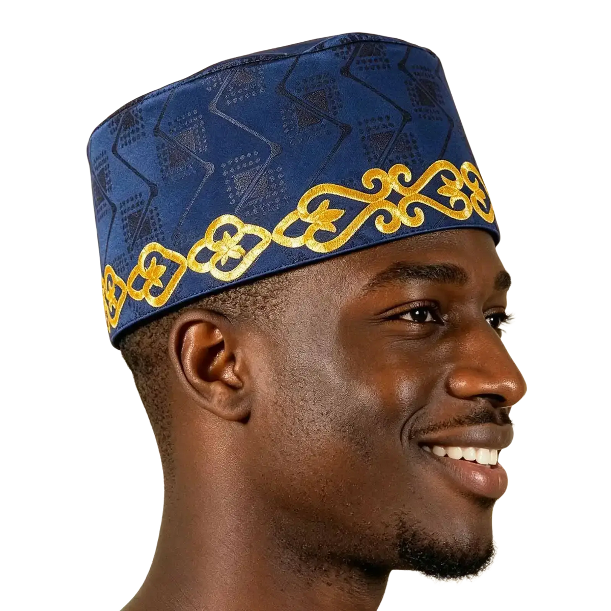 Blue muslim prayer hat with intricate gold embroidery along the brim for muslim prayer use