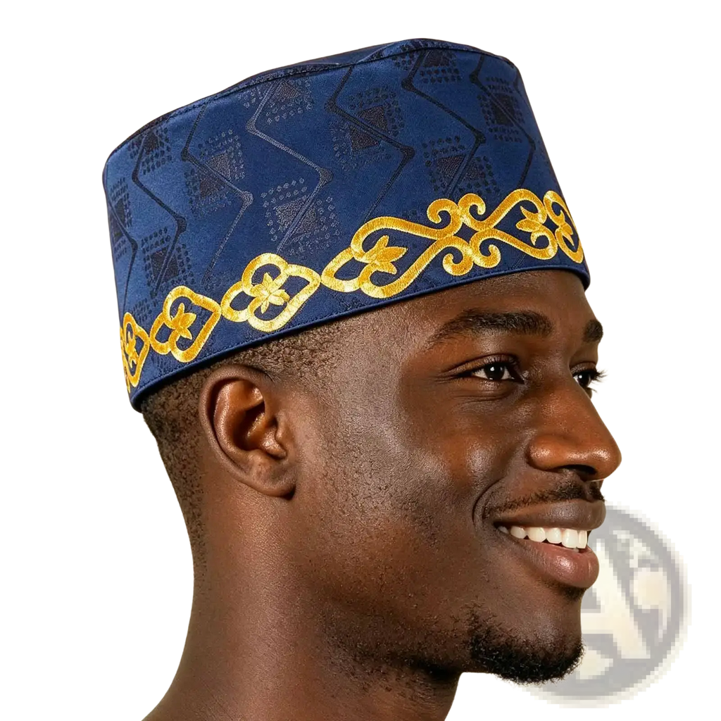 Blue fabric gold embroidered muslim prayer hat with intricate embroidery along the brim