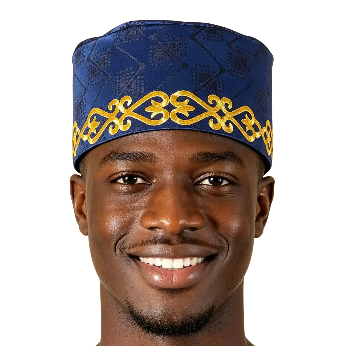 Blue patterned muslim prayer hat with gold embroidered trim designed for muslim prayer use