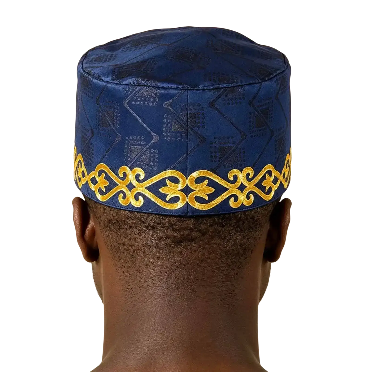 Deep blue satin muslim prayer hat with intricate gold embroidery along the brim for muslim prayer use