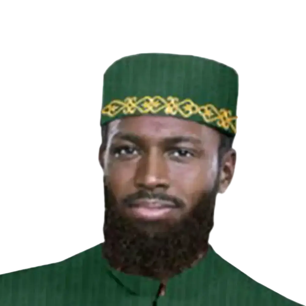 Green pinstriped muslim prayer hat with gold embroidered band suitable for muslim prayer and religious use