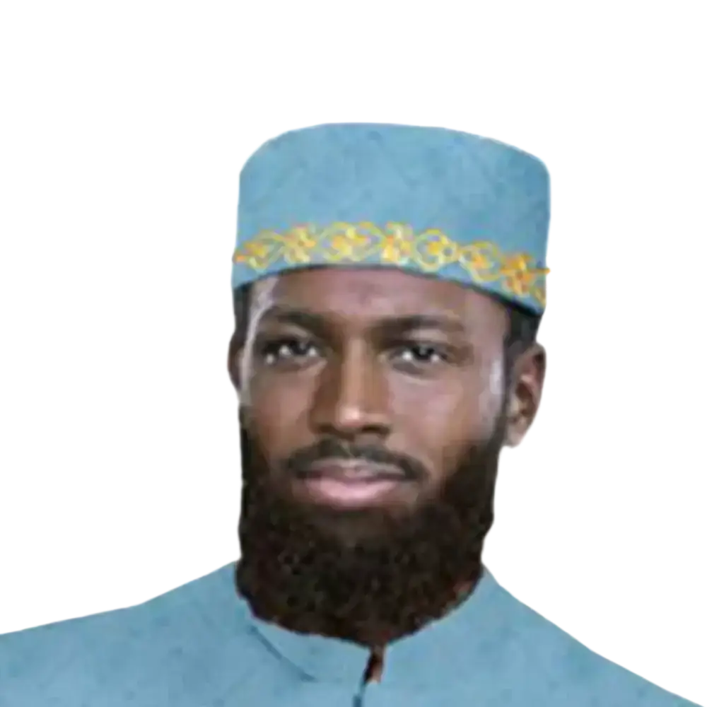 Light blue muslim prayer hat with gold embroidered pattern around the brim for muslim prayer use