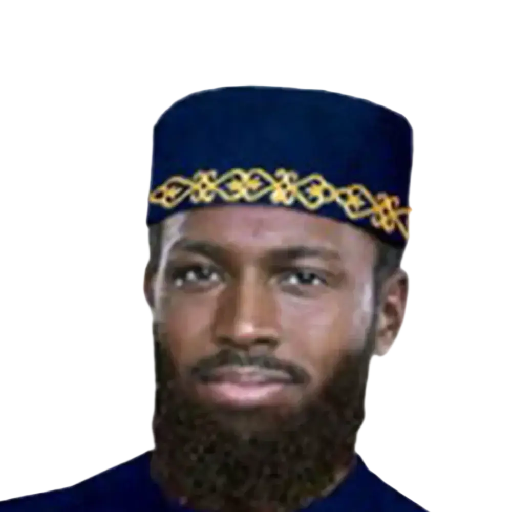 A navy blue muslim prayer hat with gold embroidered patterned band ideal for muslim prayer use