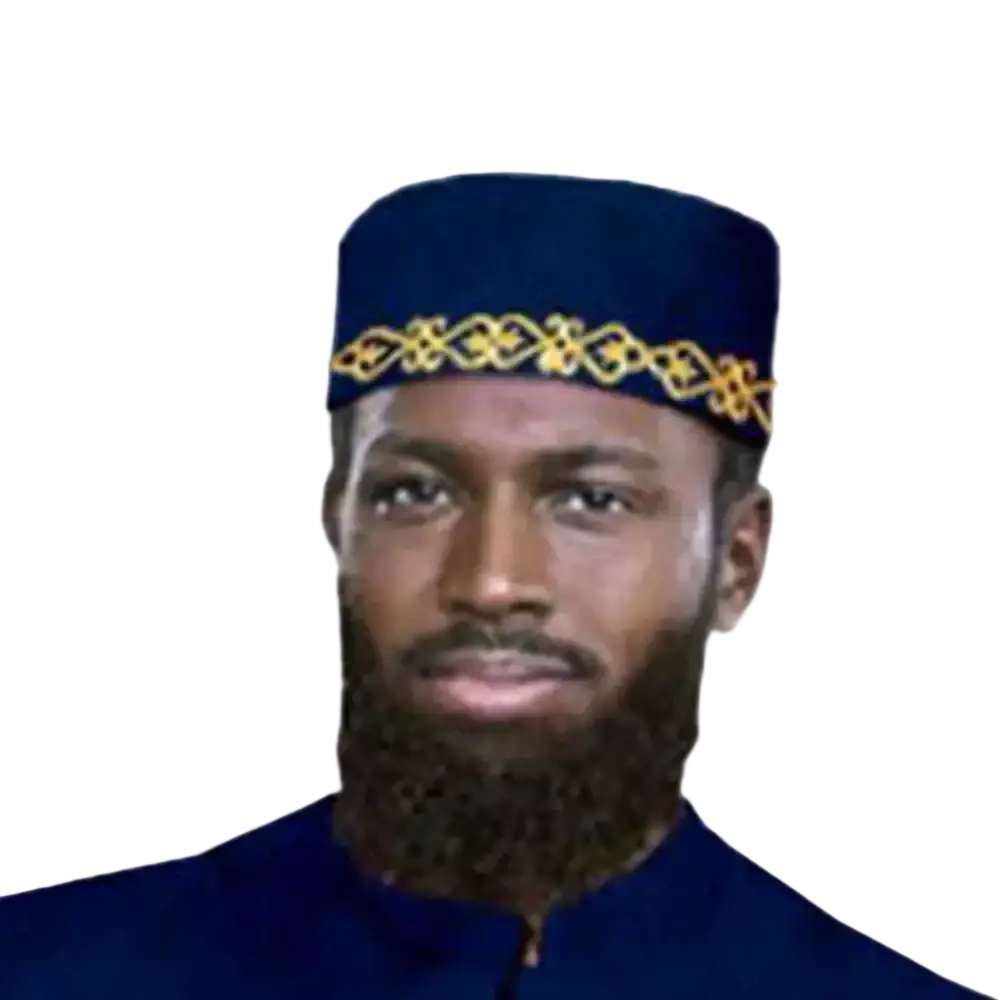A navy blue muslim prayer hat with gold embroidered patterned band for muslim prayer use