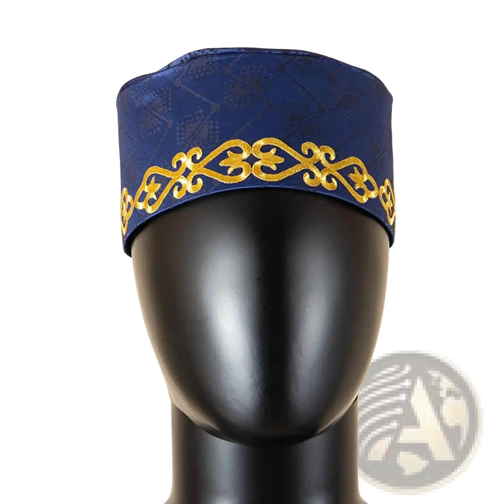 A navy blue satin Muslim prayer hat with a gold embroidered decorative band for religious use