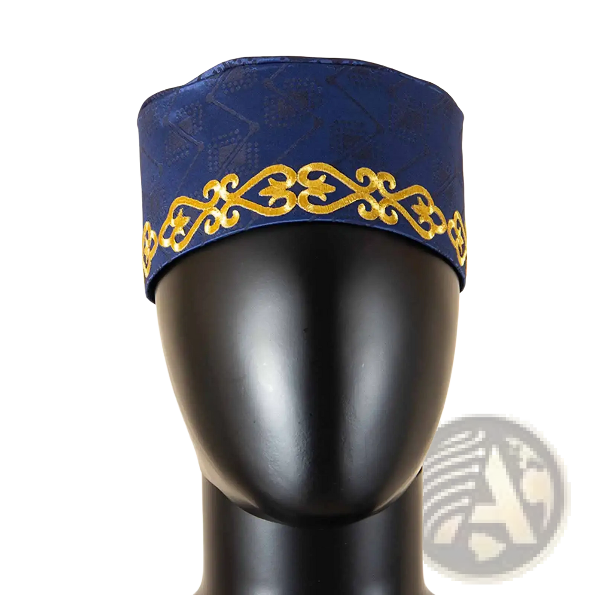 A navy blue satin Muslim prayer hat with a gold embroidered decorative band for religious use