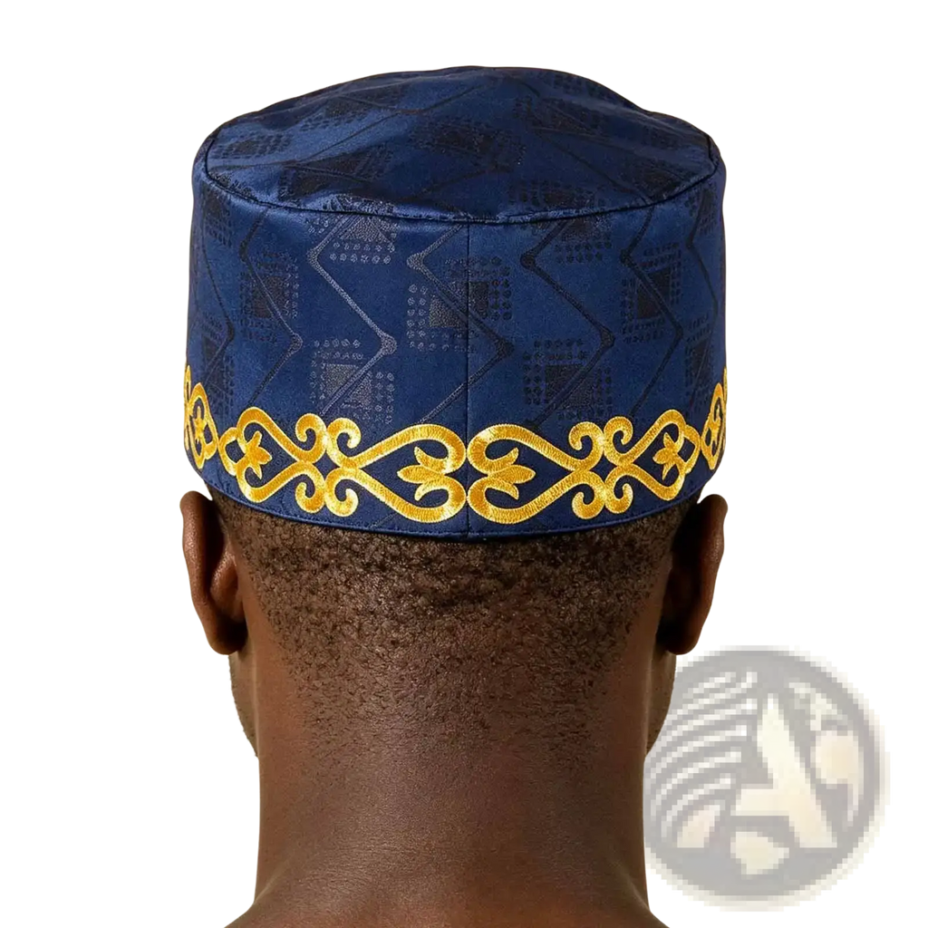A navy blue satin Muslim prayer hat with a gold embroidered band and subtle geometric pattern