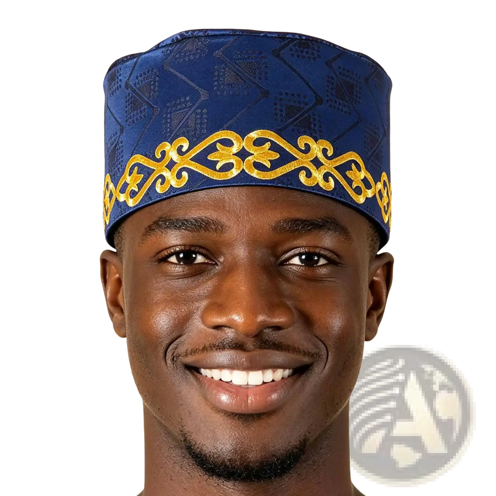 A rich blue Muslim prayer hat with intricate gold embroidery along the fabric band
