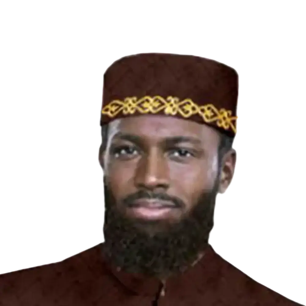 A rich maroon velvet muslim prayer hat with an intricate gold embroidered band for muslim prayer use