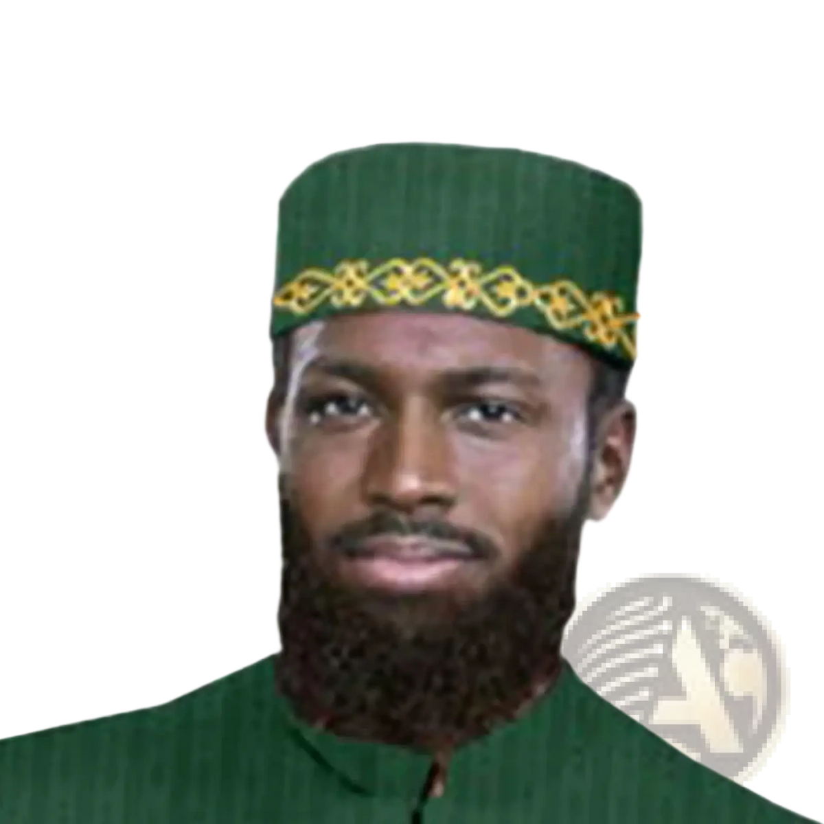 Green knitted muslim prayer hat with decorative gold embroidered band for traditional religious use
