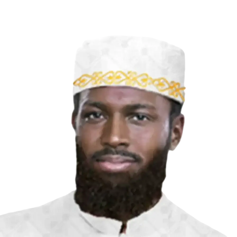 White embroidered muslim prayer hat with gold patterned band designed for muslim prayer use
