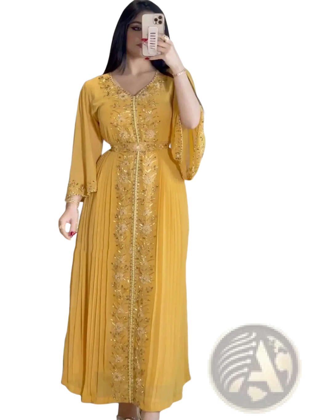 Gold embroidered mustard abaya kaftan dress with flowing golden-yellow fabric and intricate gold thread detailing