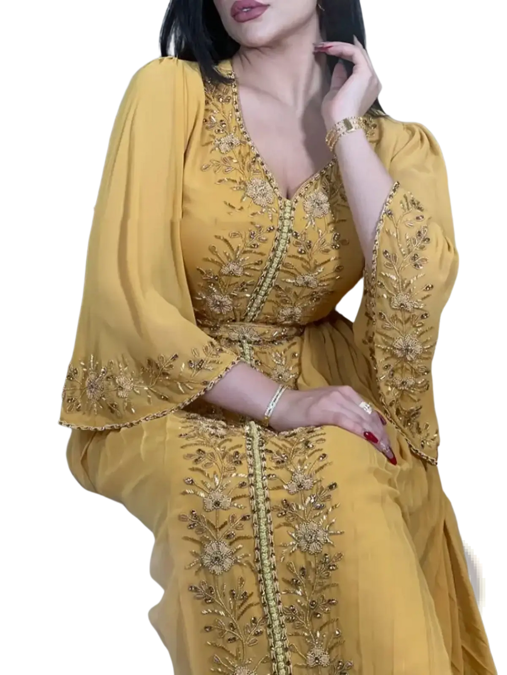 A flowing mustard yellow moroccan style abaya kaftan dress with intricate gold embroidery and beadwork on front placket sleeves and hem