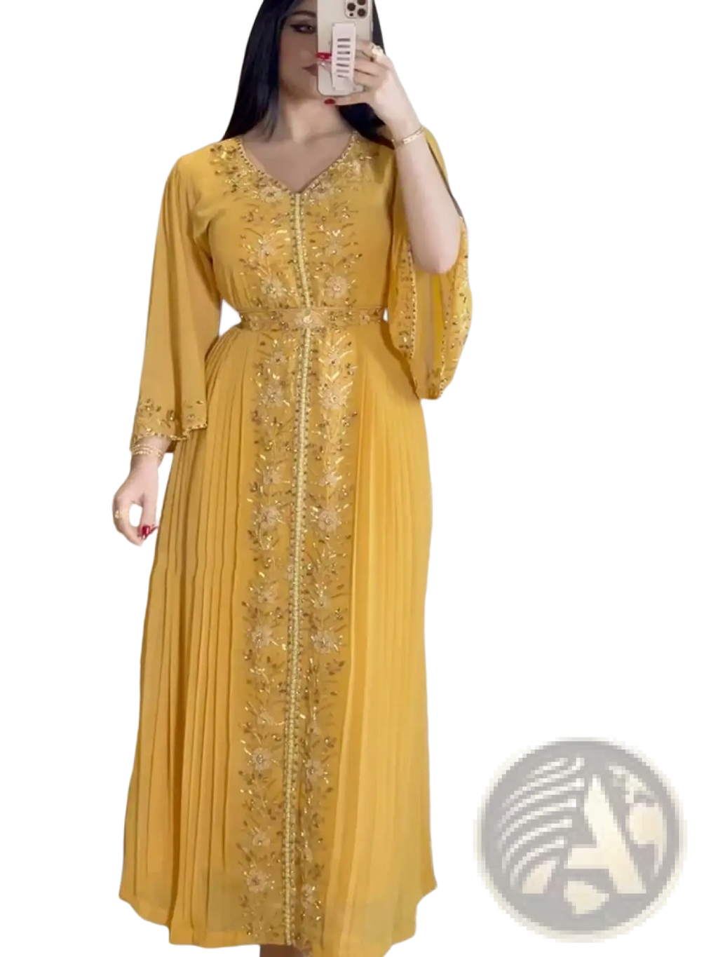 A flowing yellow moroccan-style abaya kaftan dress with gold embroidery along the zipper and sleeves and a pleated skirt