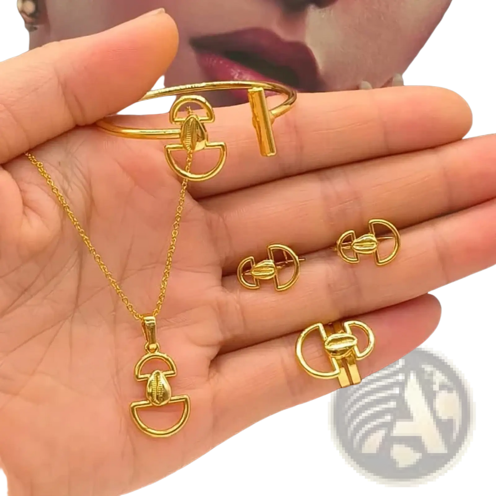 Gold fan shape jewelry set 18k plated featuring gold-toned metal horsebit design on bracelet necklace earrings and ring