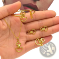 Gold fan shape jewelry set 18k plated featuring gold-toned metal horsebit design on bracelet necklace earrings and ring
