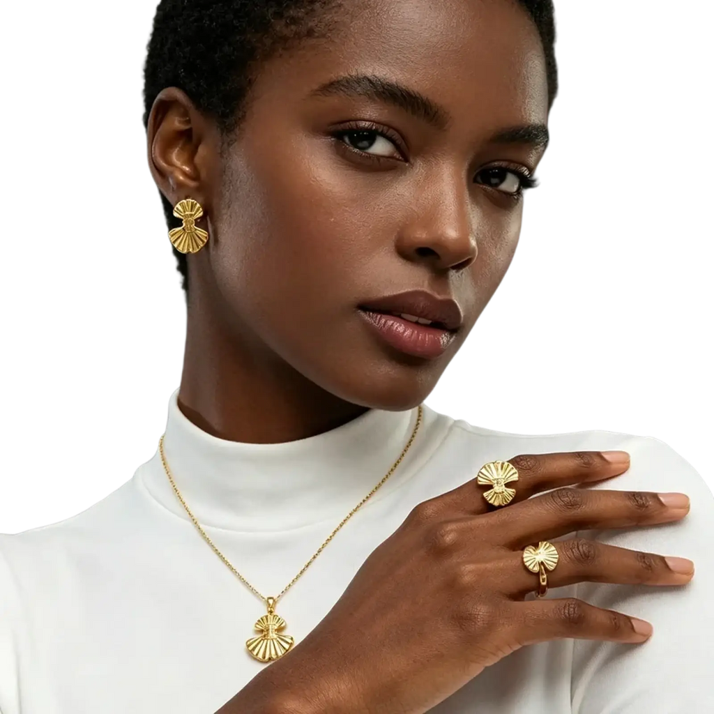 Gold fan shape jewelry set 18k plated featuring seashell earrings pendant necklace and two rings with radial detailing