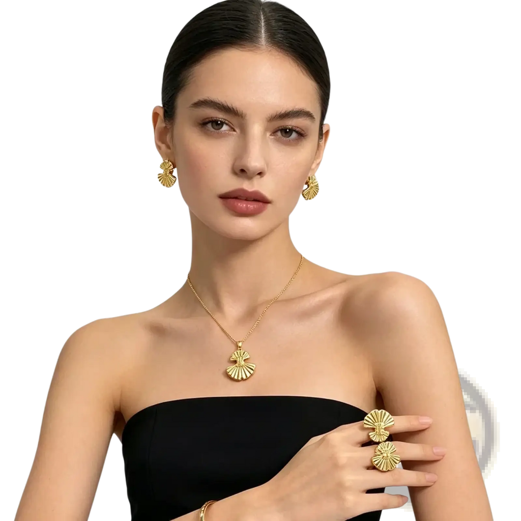 Gold fan shape jewelry set 18k plated with earrings necklace pendant and rings in polished metallic finish