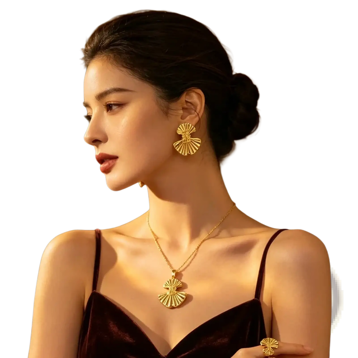 Gold fan shape earrings and matching pendant necklace set 18k plated for elegant jewelry collection