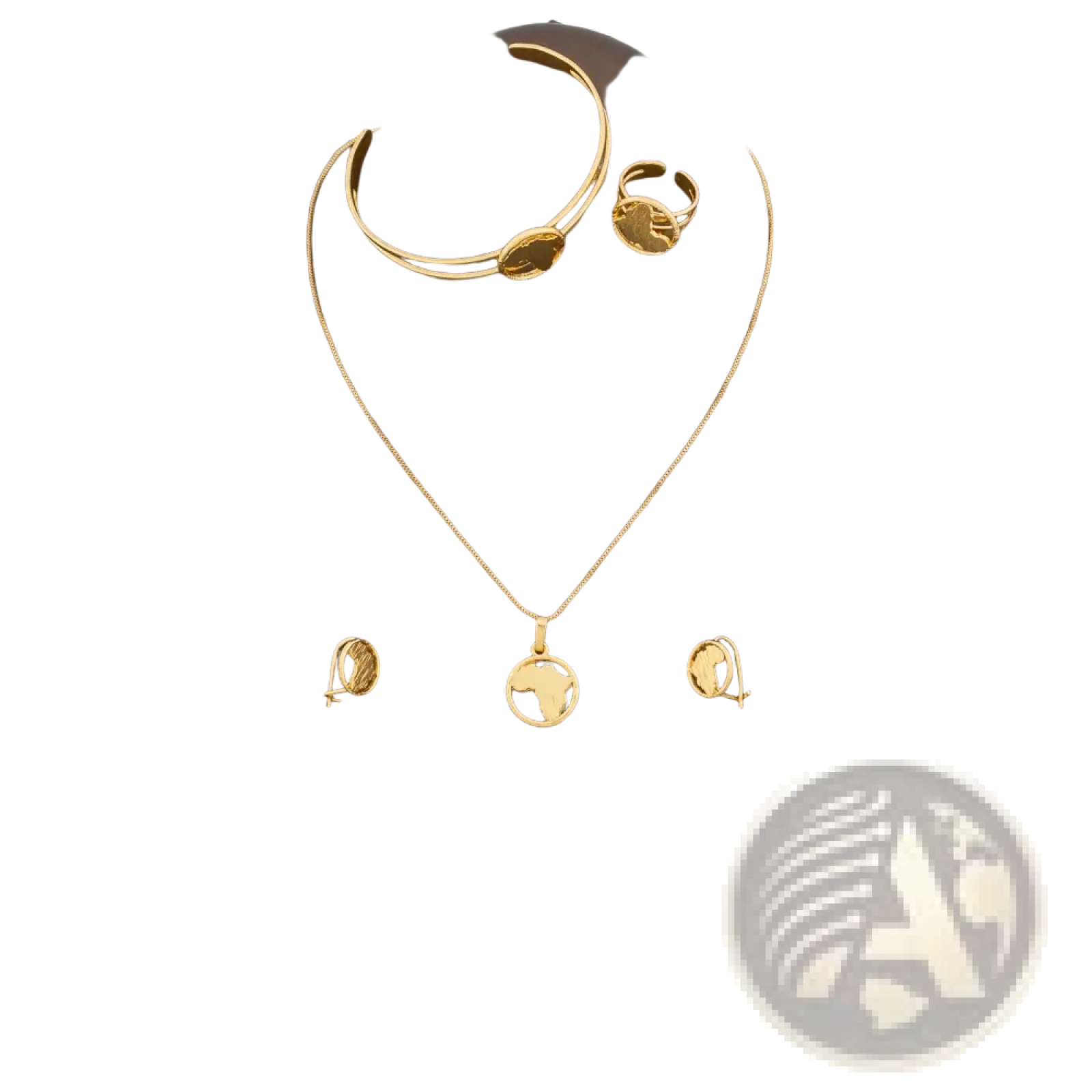 Gold fan shape jewelry set 18k plated featuring gold-toned africa map pendant necklace, globe motif earrings and bracelet