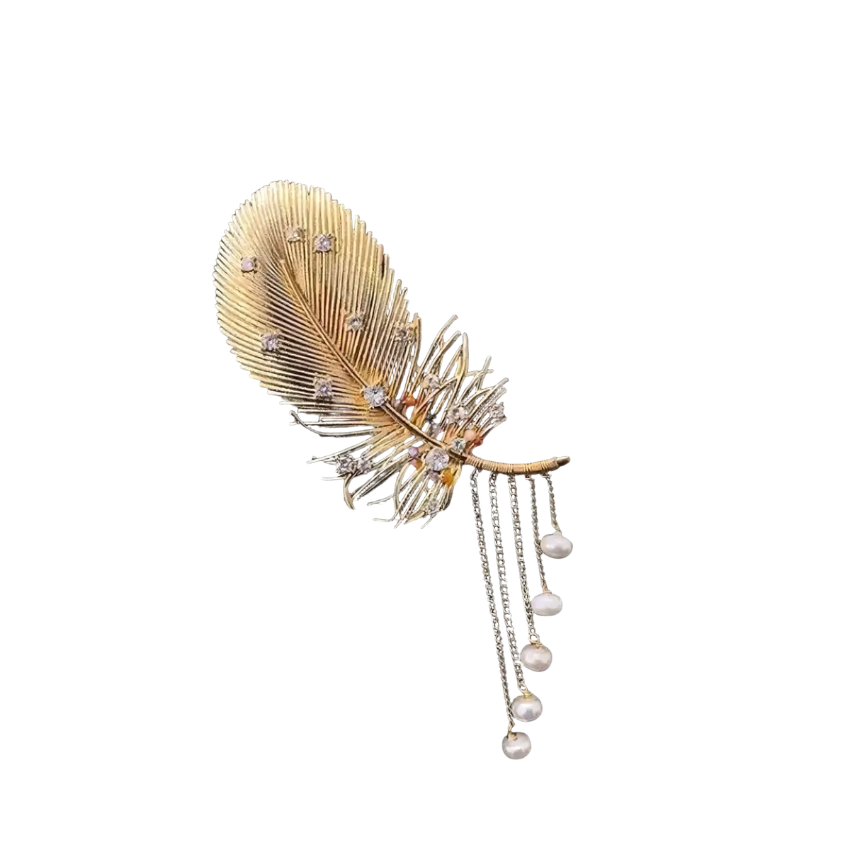 Gold feather pearl tassel brooch with sparkling crystals and dangling white pearls in gold-tone metal