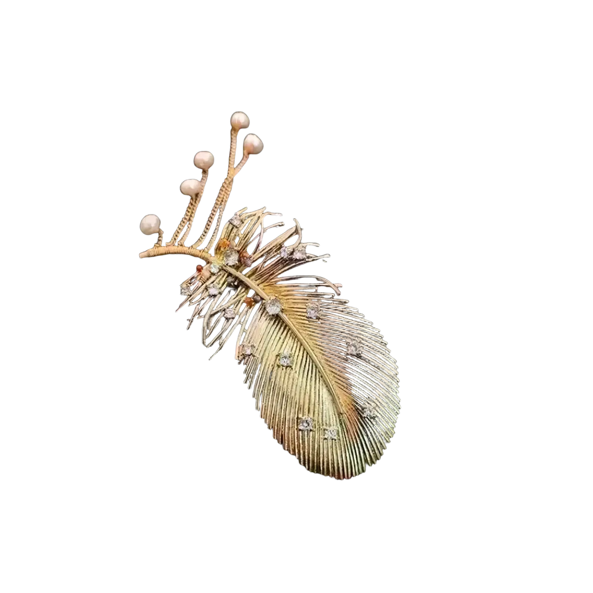 Gold feather pearl tassel brooch with delicate diamonds and small white pearls along its stem