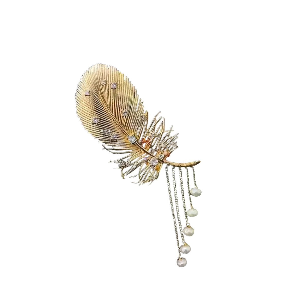 A gold feather pearl tassel brooch featuring delicate gold with sparkling gemstones and dangling white pearls