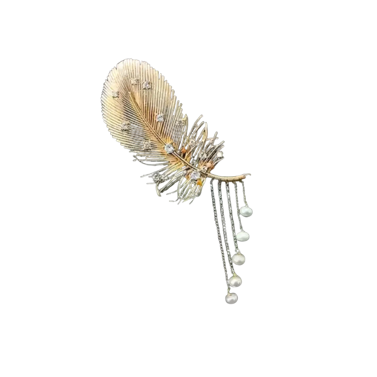 Gold feather pearl tassel brooch with gold-toned metal, clear crystals, and dangling white pearl beads
