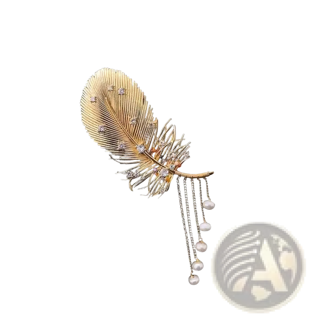 Gold feather pearl tassel brooch with sparkling crystals and dangling white pearls in gold-tone metal