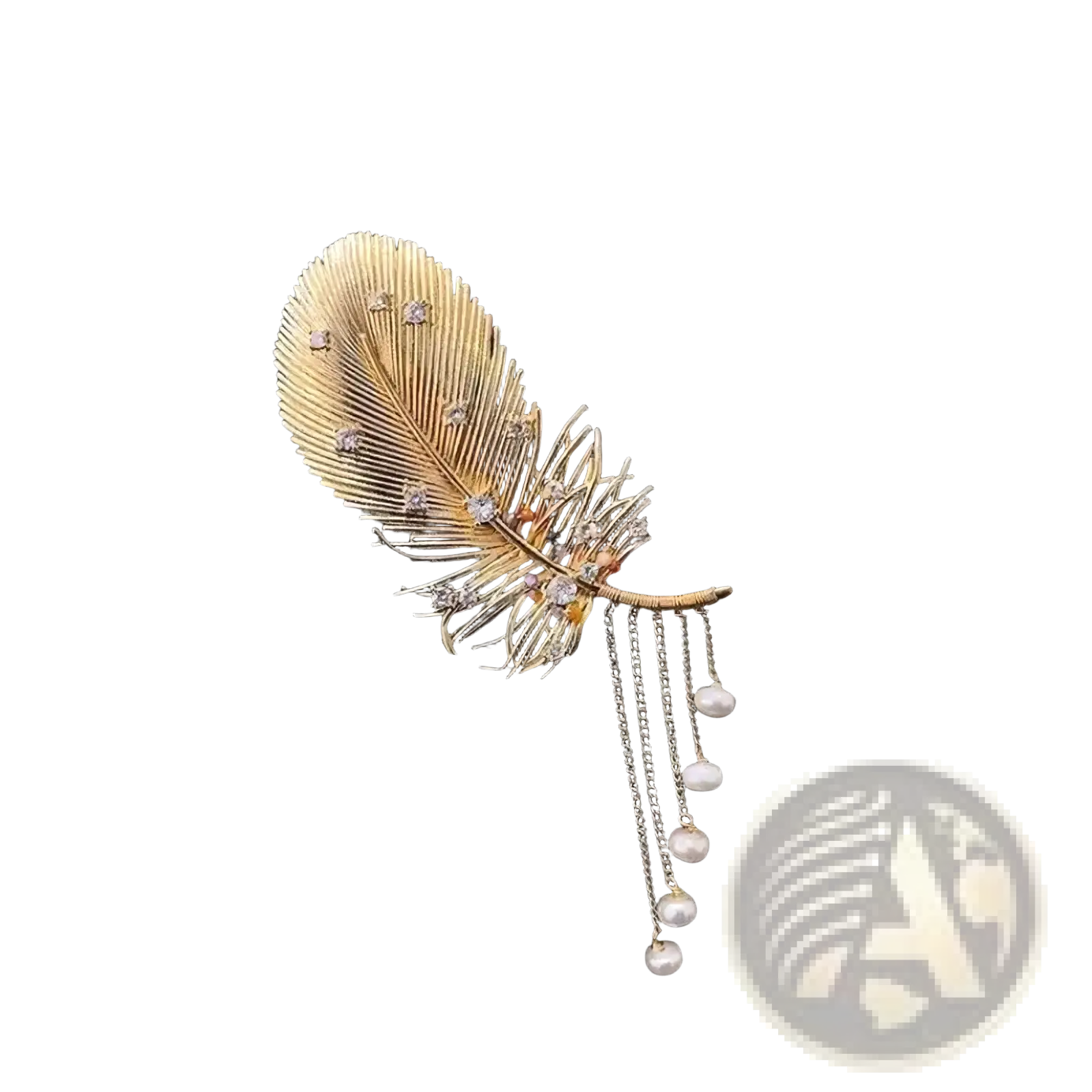 Gold feather pearl tassel brooch with sparkling crystals and dangling white pearls in gold-tone metal