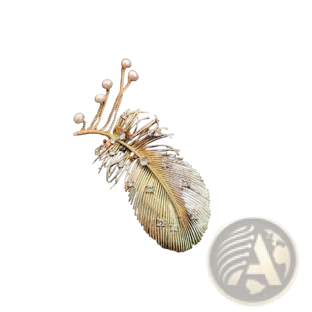 Gold feather pearl tassel brooch with delicate diamonds and small white pearls along its stem