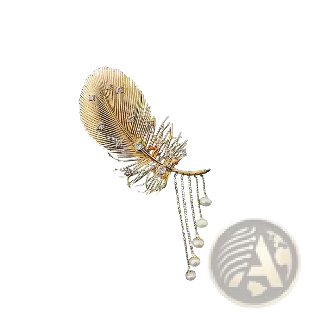 A gold feather pearl tassel brooch featuring delicate gold with sparkling gemstones and dangling white pearls