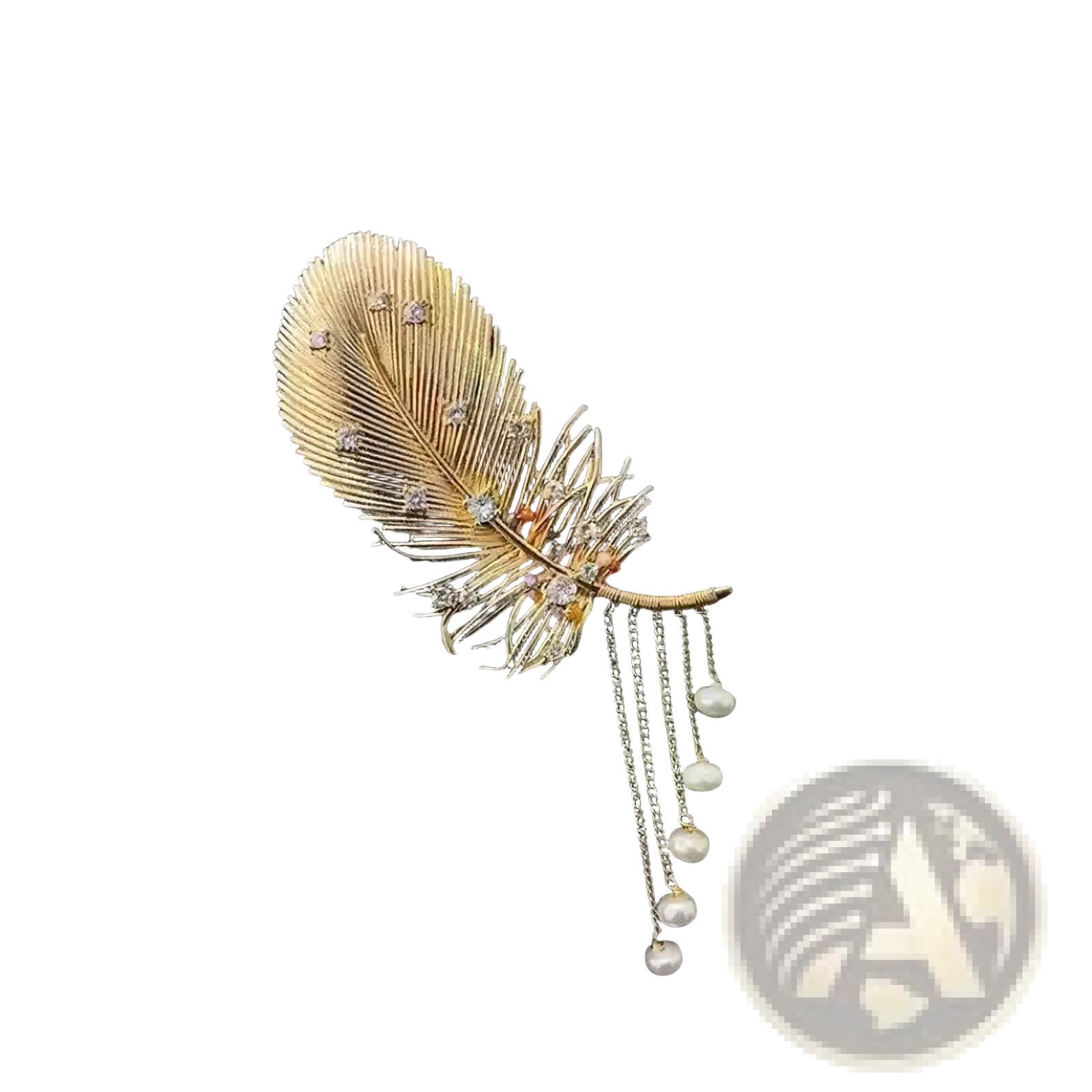 A gold feather pearl tassel brooch featuring delicate gold with sparkling gemstones and dangling white pearls