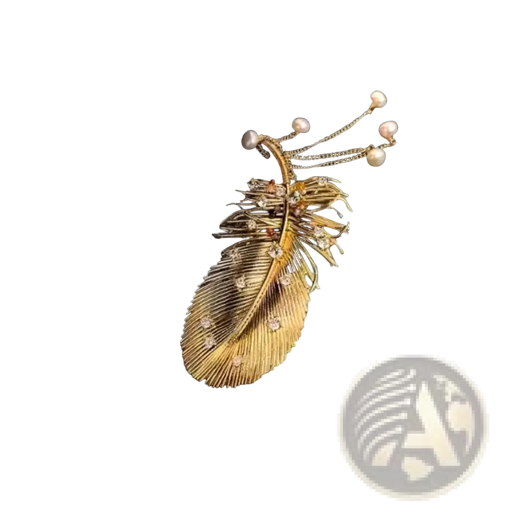 Gold feather pearl tassel brooch with delicate gold, sparkling diamonds, and tiny pearls along its stem