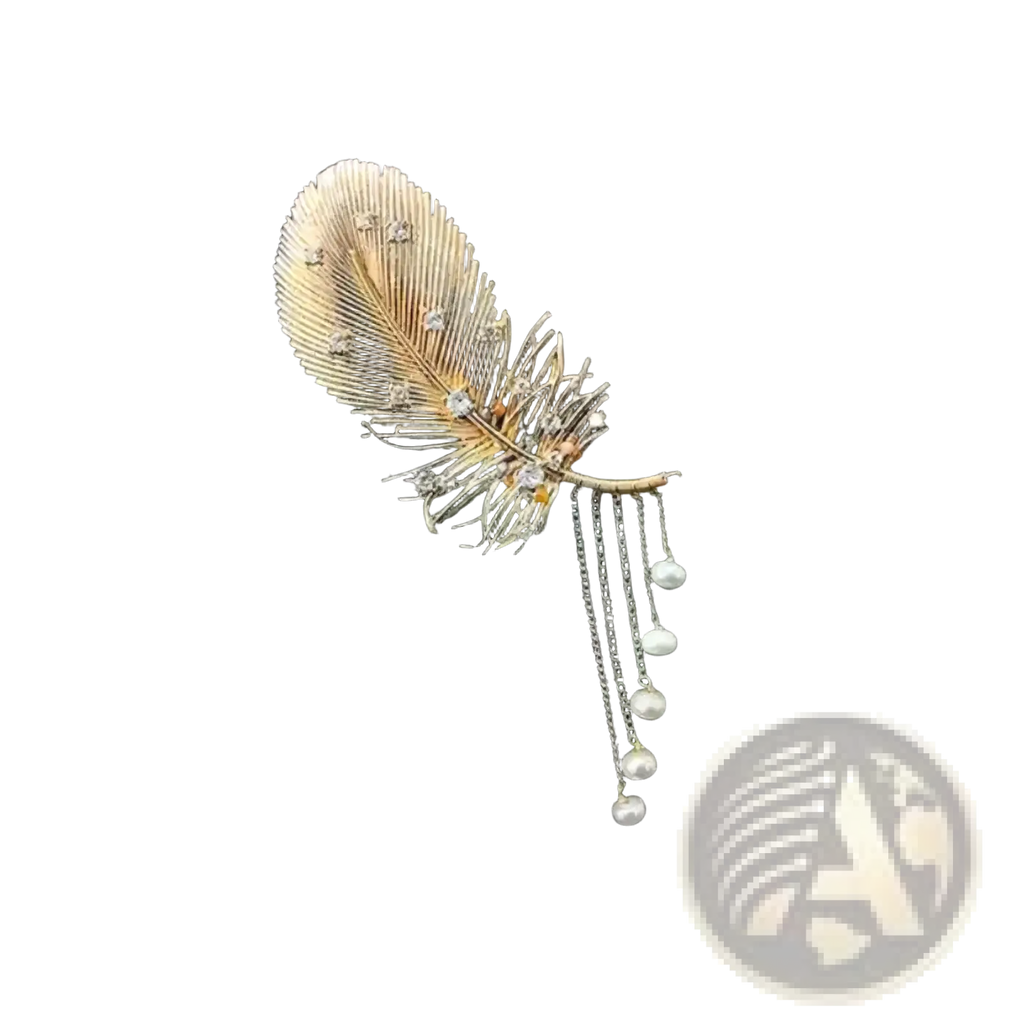 Gold feather pearl tassel brooch with gold-toned metal, clear crystals, and dangling white pearl beads
