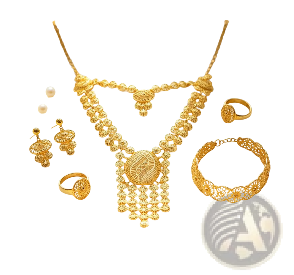 Gold filigree bridal jewelry set featuring an elegant necklace with lace-like patterns and matching earrings rings and bracelet