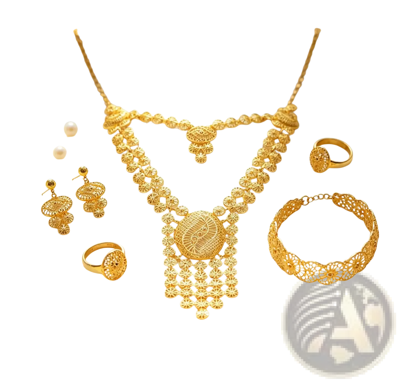 Gold filigree bridal jewelry set featuring an elegant necklace with lace-like patterns and matching earrings rings and bracelet
