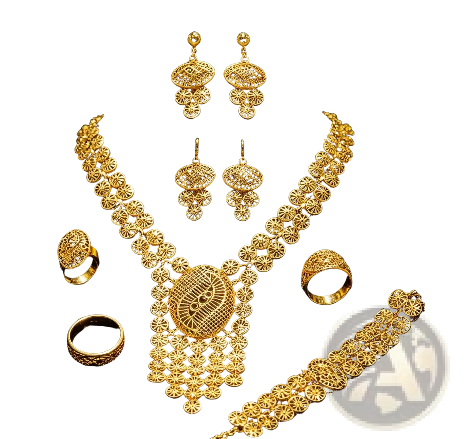 Gold filigree bridal jewelry set featuring intricate circular and geometric patterns with a lustrous metallic finish