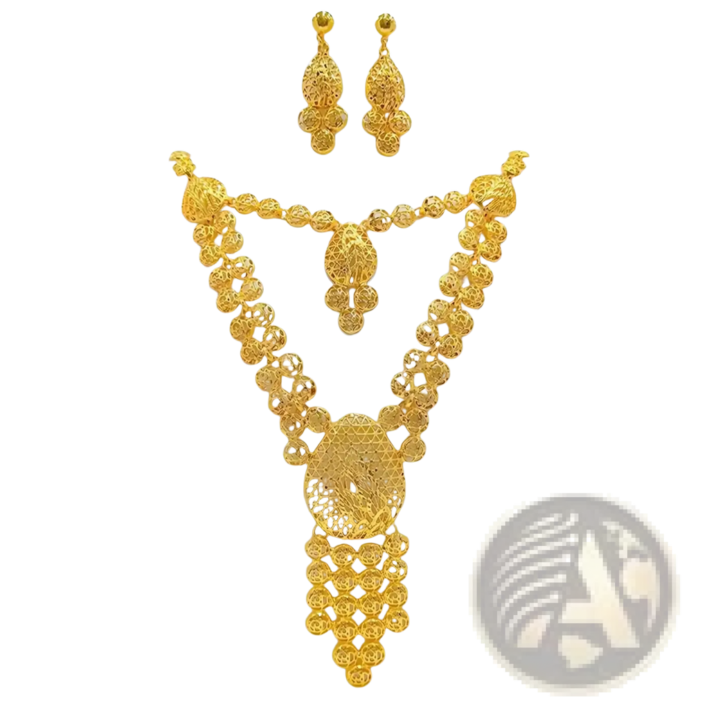 Gold filigree bridal jewelry set featuring a gold necklace with intricate lace-like patterns and layered design