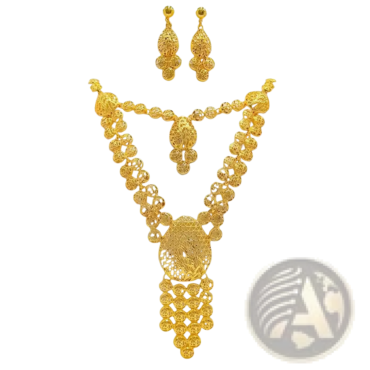 Gold filigree bridal jewelry set featuring a gold necklace with intricate lace-like patterns and layered design