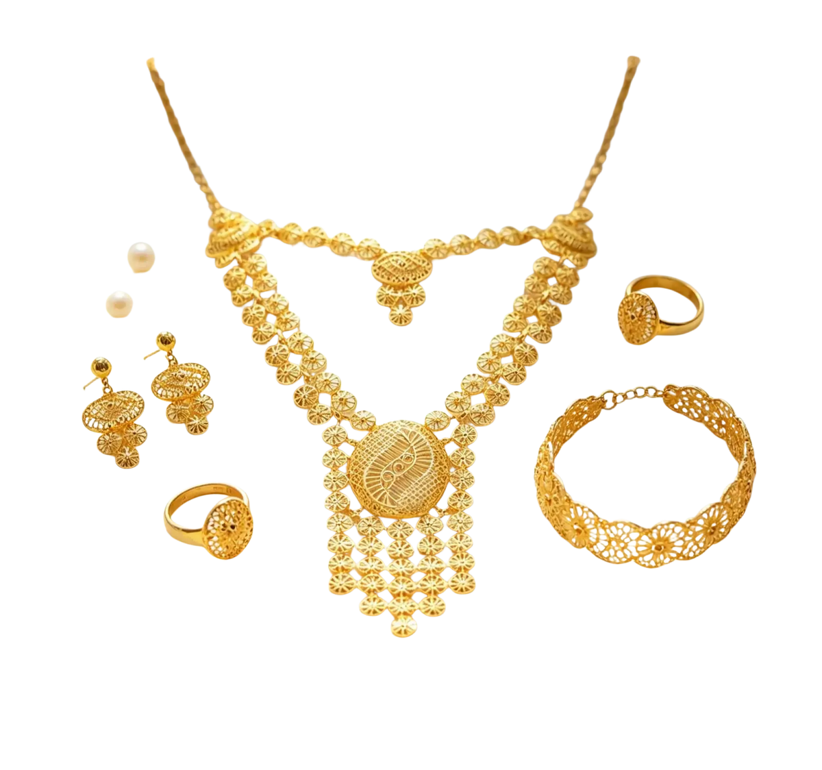Gold filigree bridal jewelry set featuring an elegant necklace with lace-like patterns and matching earrings rings and bracelet