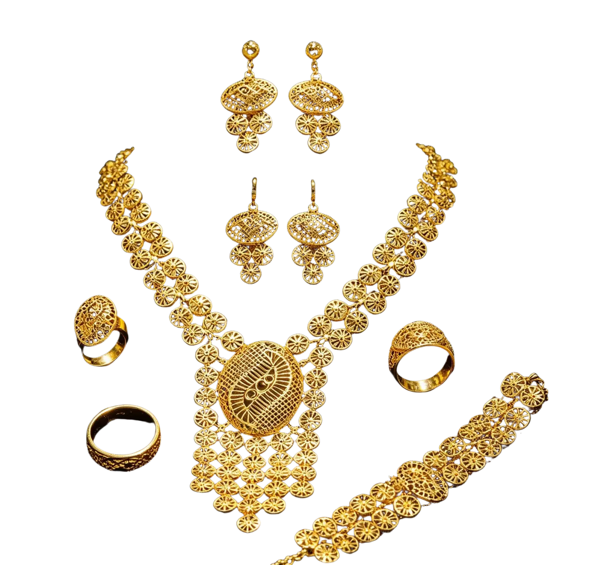 Gold filigree bridal jewelry set featuring intricate circular and geometric patterns with a lustrous metallic finish